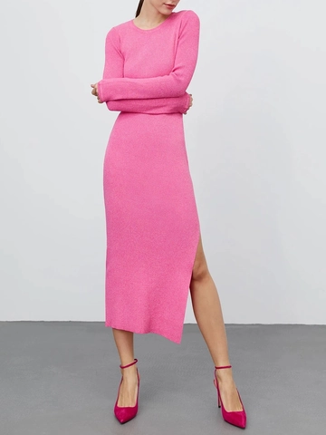 Ribbed Knit Midi Dress With Slit Round Neck Long Sleeve Slim Fit Solid Color Elegant Casual Bodycon For Women