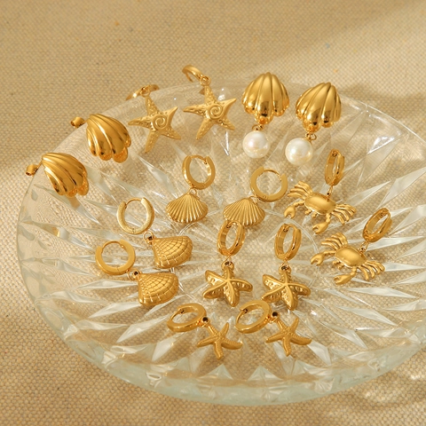 Orecchini in Acciaio Inossidabile a Tema Oceanico con Stella Marina Granchio Conchiglia per Donna Placcati in Oro