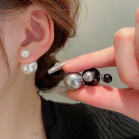 Double Sided Faux Artificial Pearl Earrings With Silver Earring Post Elegant Front And Back Two Ball Studs Fashion Jewelry For Women