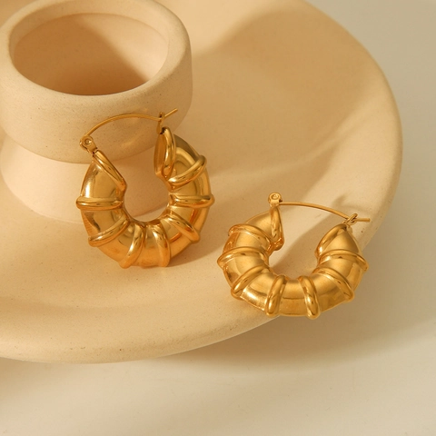 Pendientes De Aro Acanalados De Acero Inoxidable Chapado En Oro De 18K Textura En Espiral Estilo Croissant Para Mujer