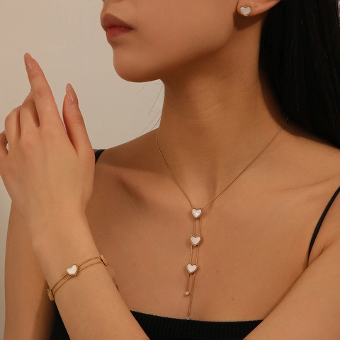Collar Pulsera Y Pendientes Acero Inoxidable Chapado Oro 18K Corazón Nácar Conjunto De Joyas Para Mujer