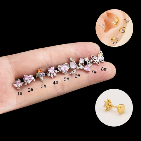 Cartilage Stud Earrings Stainless Steel Heart Butterfly Pink Zircon Screw Back Piercing Jewelry Fashion Women