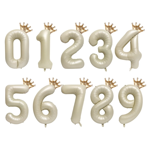 Cream White Caramel Number Balloons With Gold Crown Topper Aluminum Foil Mylar Balloon For Birthday Party Decoration