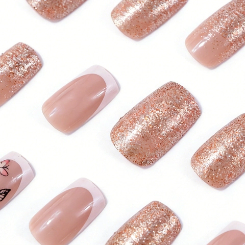 French Tip Press On Nails ABS Glossy Pink Glitter Butterfly Pattern Square Shape Elegant For Women Manicure