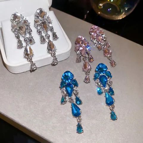 Orecchini Pendenti Con Nappa A Goccia D'acqua Lega Strass Gioielli Lampadario Per Donna Con Perno In Argento