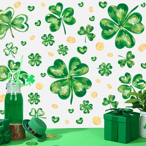 St Patricks Day Window Stickers PVC Shamrock Four Leaf Clover Gold Coins Decals For Glass Wall Decor Irish Holiday Party