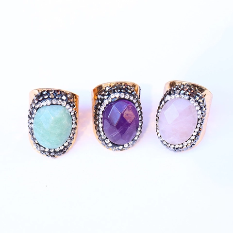 Vintage Oval Natural Agate Gemstone Statement Ring Gold Plated Hammered Brass Bohemian Adjustable Rhinestone Finger Jewelry