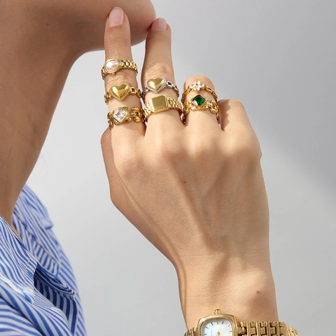Stainless Steel Ring Watchband Chain Design Heart Flower Clover Zircon Artificial Pearl Inlaid Water Resistant Retro Fashion Women