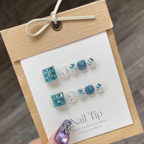 Handgefertigte Blaue Strass Fußnägel Künstliche Nägel Zum Aufkleben Sommer Pailletten Design Für Damen Fuß Dekoration Mode