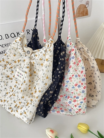 Sac Cabas En Toile Fleurie Femmes Été Vacances Plage Sac À Main Style Coréen Imprimé Vintage Avec Poignées Tressées
