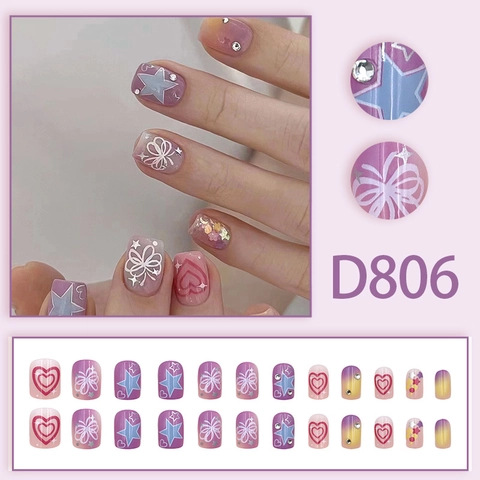 Sweet Short Square Round Press On Nails With Butterfly Heart Star Rhinestone Gradient Colorful Reusable False Nails