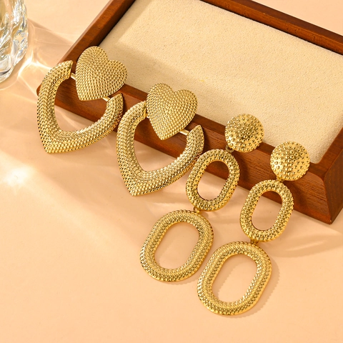 Retro Geometric Heart Drop Earrings Stainless Steel Gold Plated Exaggerated Dots Texture Dangle Jewelry For Women
