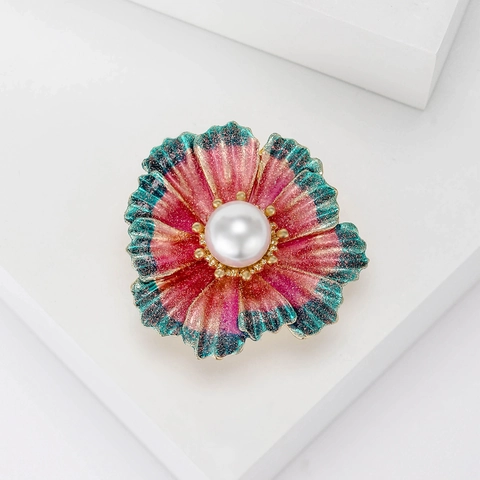 Elegante Broche De Flor Esmalte Degradado Perla Artificial De Imitación Brillo Aleación Joyería Floral Mujer Accesorio Moda