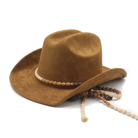 Western Cowboy Hat Faux Suede Beaded Band Ethnic Style Bohemian Vintage Outdoor Sunshade Jazz Hat For Men Women