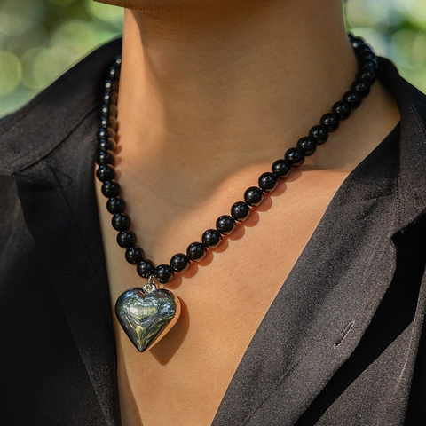 Collar Con Colgante De Corazón Pulido Con Cuentas De Acrílico Negro Joyería Estilo Hip Hop