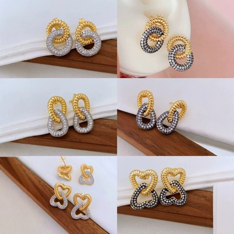 Dames Koper Goud Vergulde Dubbellaagse Kruis Oorbellen Met Zirconia Ingelegde Geometrische Gedraaid Touw Sieraden Voor Feest