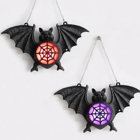 Halloween LED Glowing Bat Hanging Decoration Plastic Colorful Light Spider Web Pattern Metal Chain Haunted House Props