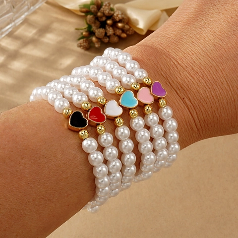 Pulsera de Perlas Artificiales Retro Francés Con Colgante de Corazón de Esmalte Colorido Joyas de Perlas Elásticas para Regalo Mujer