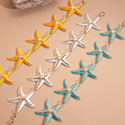 Starfish Jewelry Set Alloy Enamel Necklace Earrings Ring Waist Chain Seaside Vacation Beach Style For Women Gold Tone