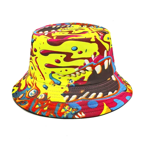 Omkeerbare Vissershoed Polyester Graffiti Monster Mond Patroon Zonbescherming Outdoor Streetwear Zonnehoed