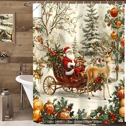 Weihnachten Duschvorhang Wasserdicht Polyester 3D Digitaldruck Weihnachtsmann Rentier Feiertag Badezimmer Dekor Haken