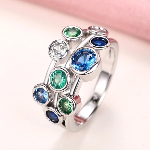 Copper Ring For Women With Colorful Round Zirconia Inlaid Gemstone Cluster Ring Cool Style Geometric Fashion Jewelry Gift