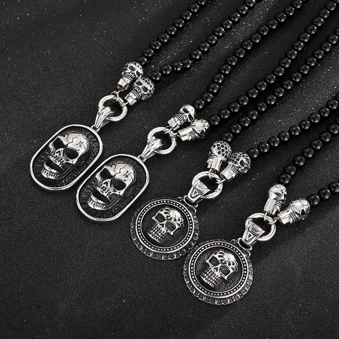 Heren Schedel Hanger Ketting Met Agaat Kralen En Roestvrij Staal Zirkoon Inlay Gothische Punk Stijl Sieraden Cadeau