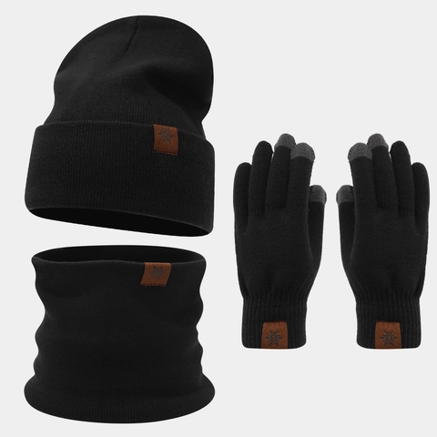 Beanie Snood Schal Touchscreen Handschuhe Acryl Strick Verdickt Warm Winter Outdoor Schneeflocke Lederpatch Herren Damen