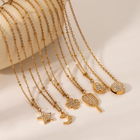 Stainless Steel Pendant Necklace 18K Gold Plated Rhinestone Star Moon Clover Waterdrop Fashion Jewelry For Women
