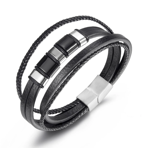 Bracciale Da Uomo In Pelle Intrecciata Multistrato Con Perle In Acciaio Al Titanio Chiusura Magnetica Geometrica