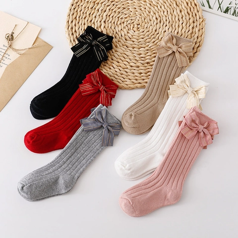 Calze Al Ginocchio Bambini Cotone Pettinato Maglia A Costine Fiocco Filo D'oro Strisce Verticali Stile Principessa