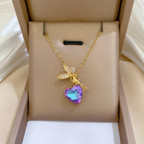 Engel Fee Hart Kristal Hanger Ketting Goud Titanium Staal Koper Zirkoon Elegante Sleutelbeenketting Romantische Sieraden