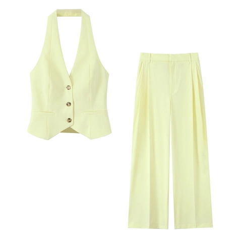 Womens Halter Top And Wide Leg Pants Polyester Suit Fabric High Waisted Solid Color Streetwear Casual Elegant