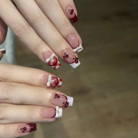 Handmade Press On Nails Cherry Pattern With 3D Bow And Red Checkered Design Sweet French Style Manicure For Women