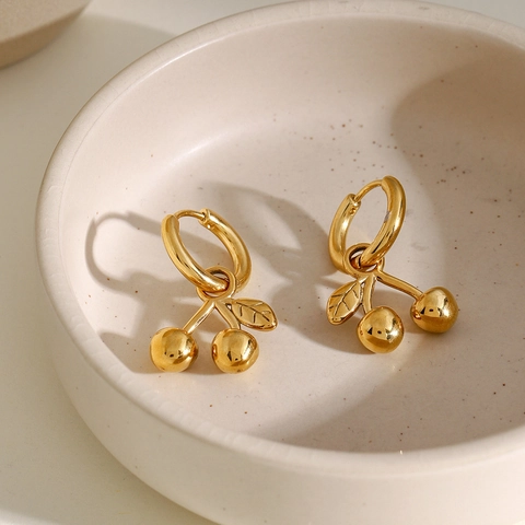 Cherry Pendant Earrings 18K Gold Plated Stainless Steel Hoop Drop Vintage Style Jewelry For Women Waterproof