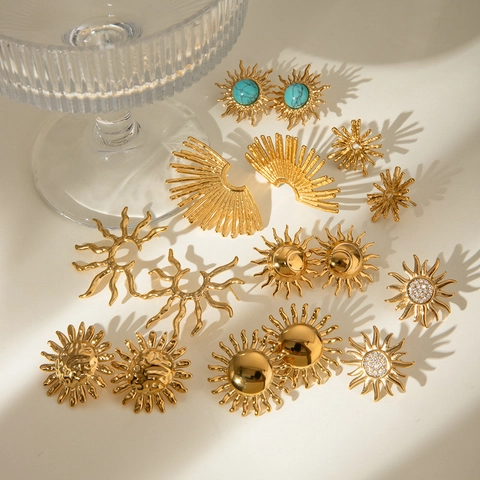 Sun Moon Ohrstecker Edelstahl 18K Vergoldet Zirkonia Türkis Böhmisch Vintage Schmuck Für Frauen Wasserdicht