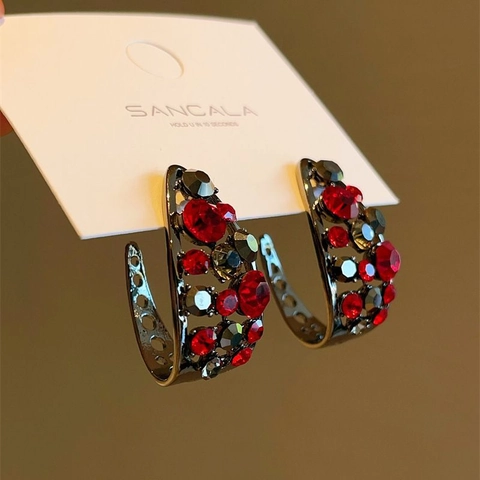 Pendientes De Aro En Forma De C Para Mujer Estilo Vintage Cobre Negro Pistola Con Incrustaciones De Circón Rojo Y Negro