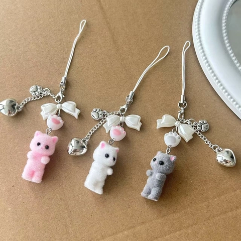 Ciondolo per Telefono Gattino Floccato Kawaii Con Fiocco Cuore Zampa di Gatto Creativa Catena per Telefono per Borsa Auto Macchina