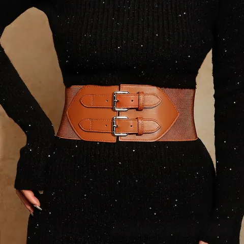 Women Wide Elastic Corset Belt Double Buckle Stretch Waistband Faux Leather Dress Waist Cinch Belt For Lady Fashion Accessories