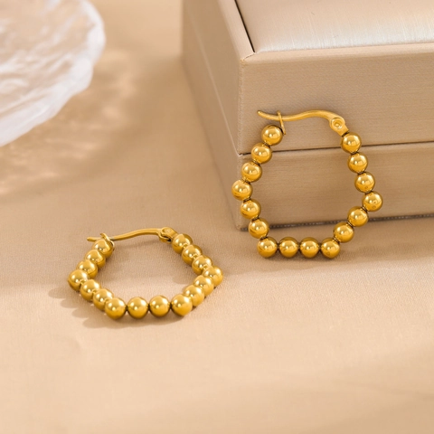 Gouden Kraal Vierkante Hoop Oorbellen Roestvrij Staal Geometrisch Retro Gepolijst Dames