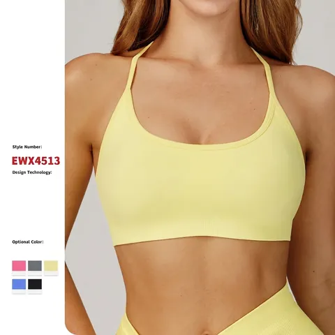 Women Seamless Sports Bra Yoga Top Polyamide Spandex Removable Pads Thin Strap Y-Back Ribbed Knit Fitness Gym Running
