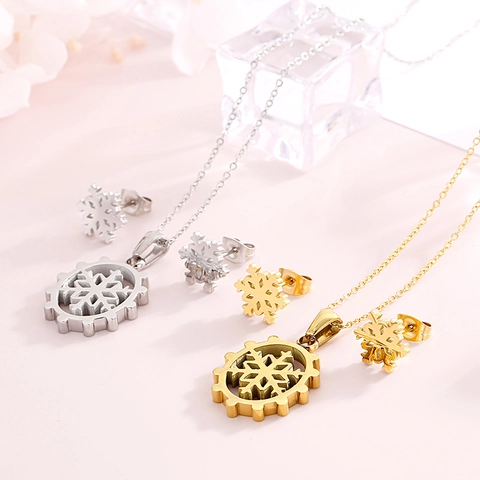 Elegante Collar Y Pendientes De Botón Con Copo De Nieve Joyería Acero Inoxidable Accesorios Navidad Moda Mujer