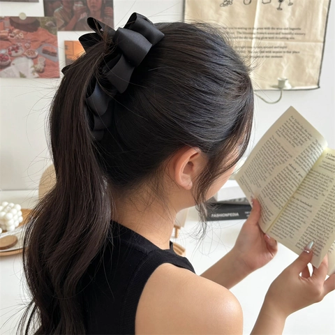 Französischer Stil Schwarz Satin Schleife Bananenspange Elegante Haarklammer Mehrlagige Pferdeschwanz Halter Accessoire