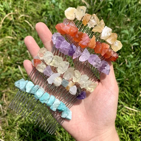 Peine De Pelo De Cristal De Amatista Y Citrina Natural Piedra Bruta Irregular Accesorio De Metal Hecho A Mano Bohemio Nupcial