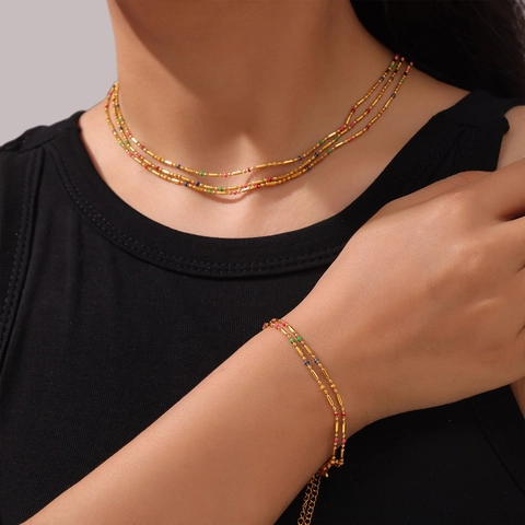 Collana Bracciale E Cavigliera In Acciaio Inossidabile Placcato Oro Con Perline In Smalto Colorato Minimalista Per Donna