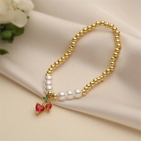 Cherry Pendant Beaded Bracelet Copper Metal Gold Beads White Imitation Artificial Pearl Elastic Stretch Sweet Jewelry For Women