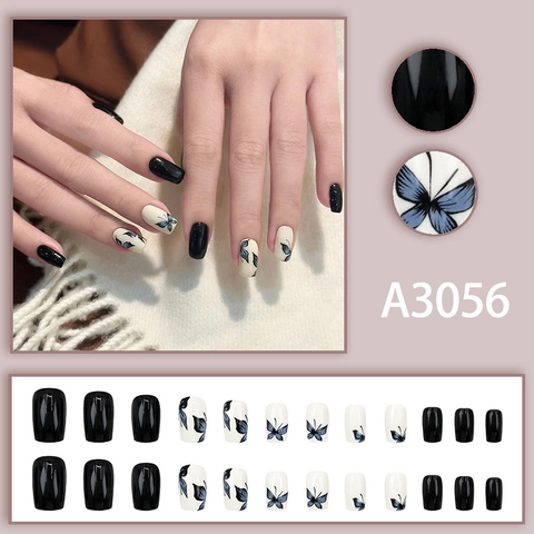 Press On Nails Blue Butterfly Pattern Black White Contrast Square Shape Full Cover False Nails For Women Artificial Finger Art