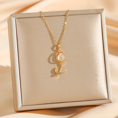Collier Pendentif Tulipe En Acier Inoxydable Avec Pierre Oeil De Chat Et Zircon Bijoux Style Fée Pour Femmes