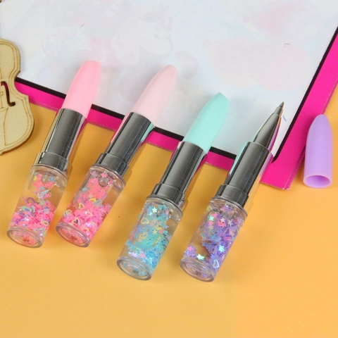 Creative Lipstick Shaped Gel Pens Cute Quicksand Liquid Glitter Black Ink Stationery Writing Gift For Student Office