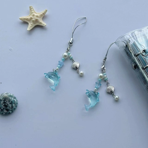 Summer Clear Light Blue Dolphin Beaded Phone Chain With Shell Star Pendant Artificial Pearl Phone Charm For Women Girls